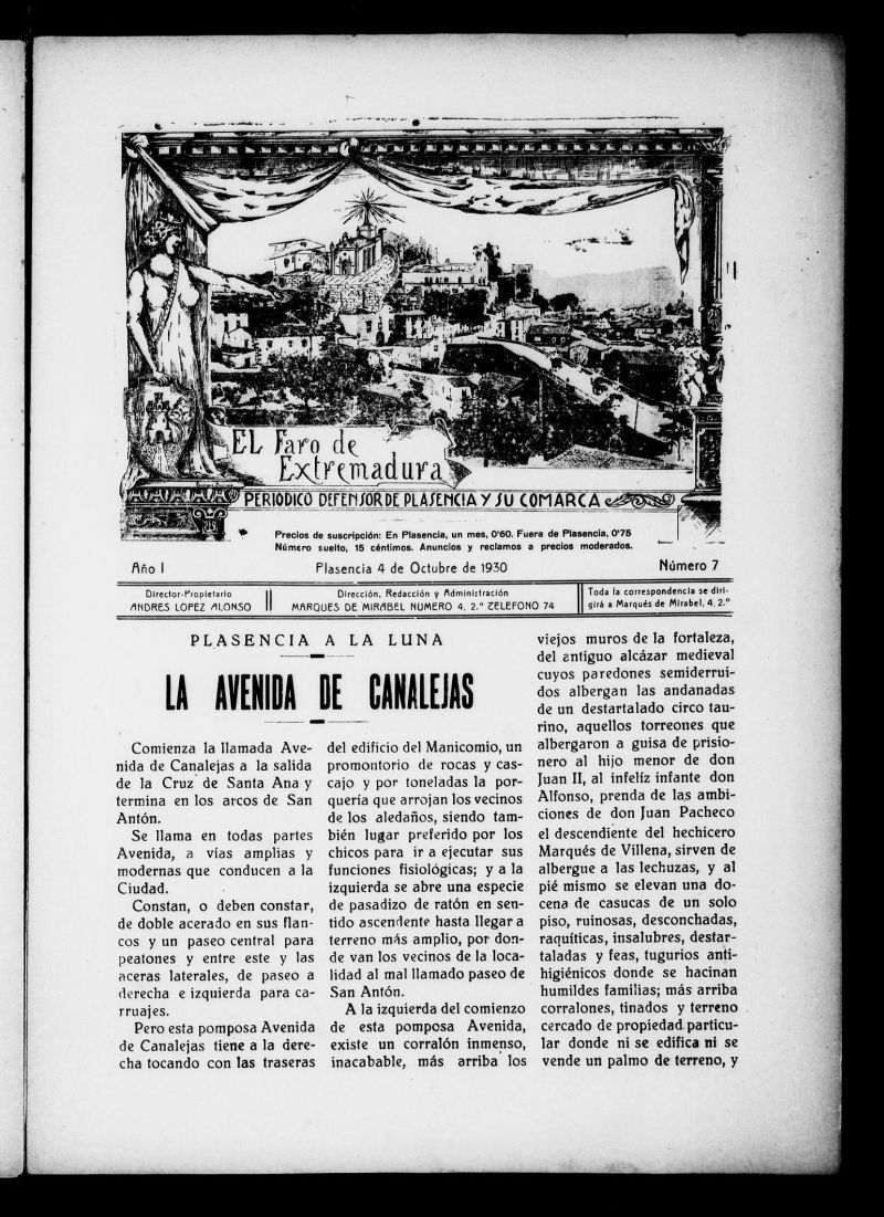 El Faro de Extremadura : peridico defensor de Plasencia y su comarca del 4 de octubre de 1930, n 7