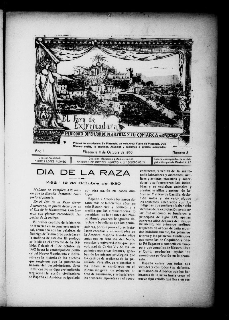 El Faro de Extremadura : peridico defensor de Plasencia y su comarca del 11 de octubre de 1930, n 8