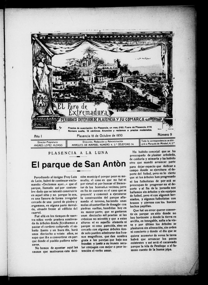 El Faro de Extremadura : peridico defensor de Plasencia y su comarca del 18 de octubre de 1930, n 9