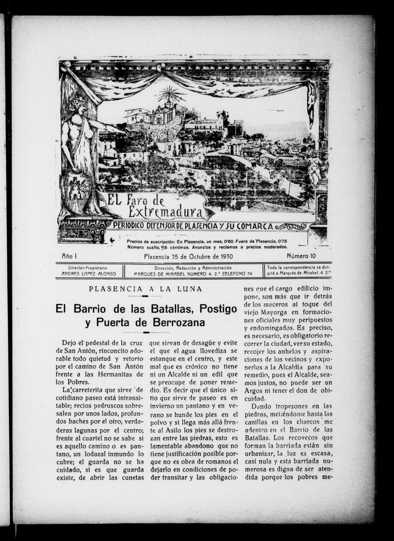 El Faro de Extremadura : peridico defensor de Plasencia y su comarca del 25 de octubre de 1930, n 10
