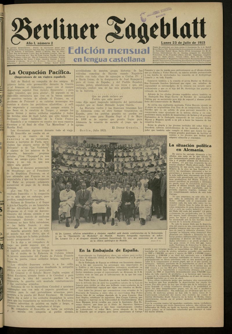 Berliner Tageblatt: edicin mensual en lengua castellana del 23 de julio de 1923, n 2