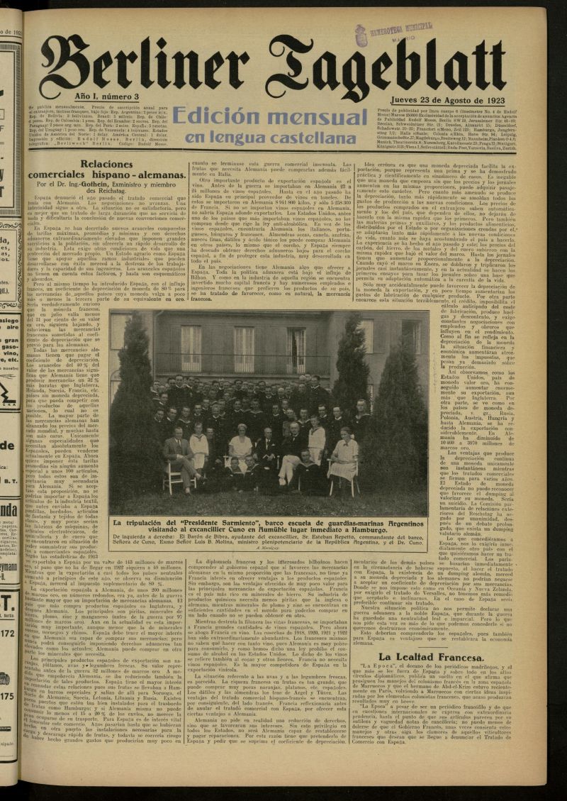 Berliner Tageblatt: edicin mensual en lengua castellana del 23 de agosto de 1923, n 3