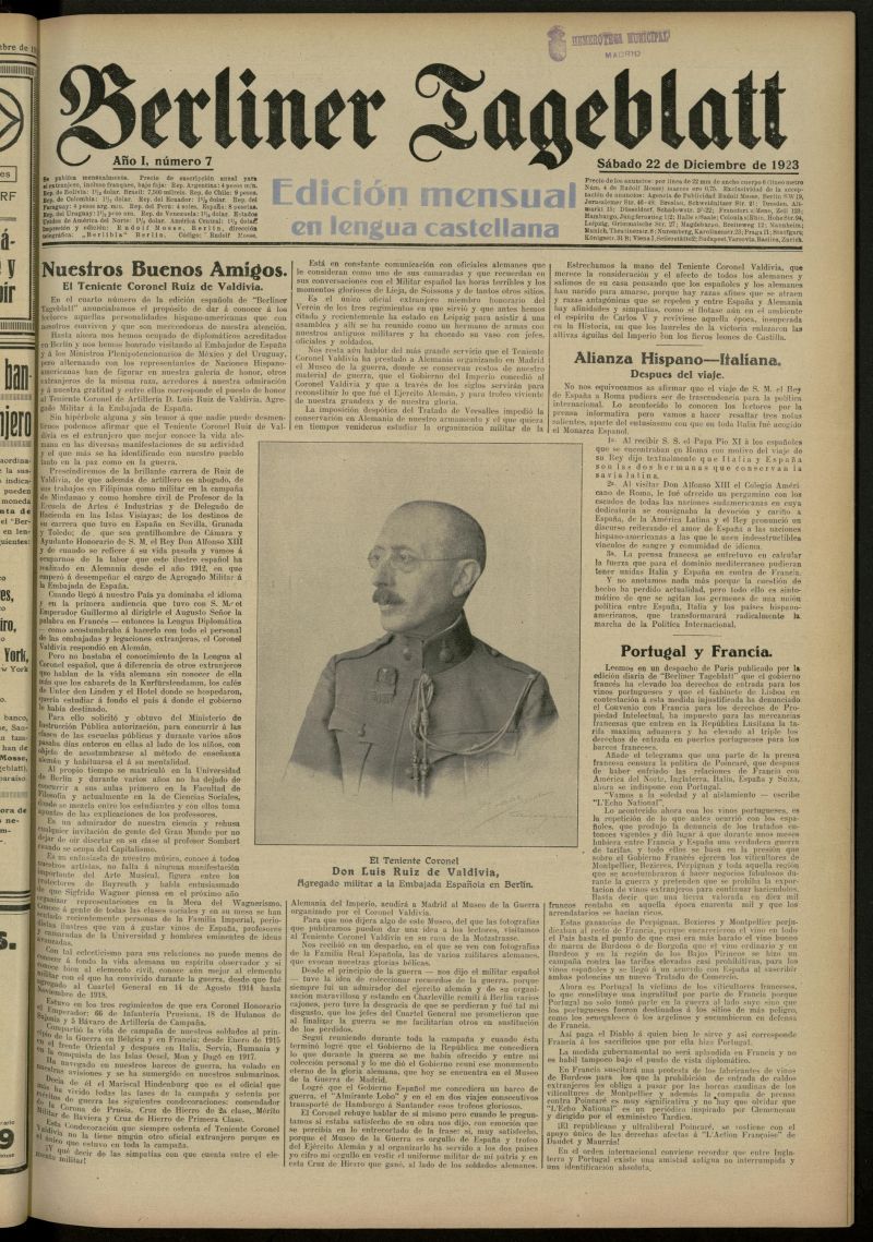 Berliner Tageblatt: edicin mensual en lengua castellana del 22 de diciembre de 1923, n 7
