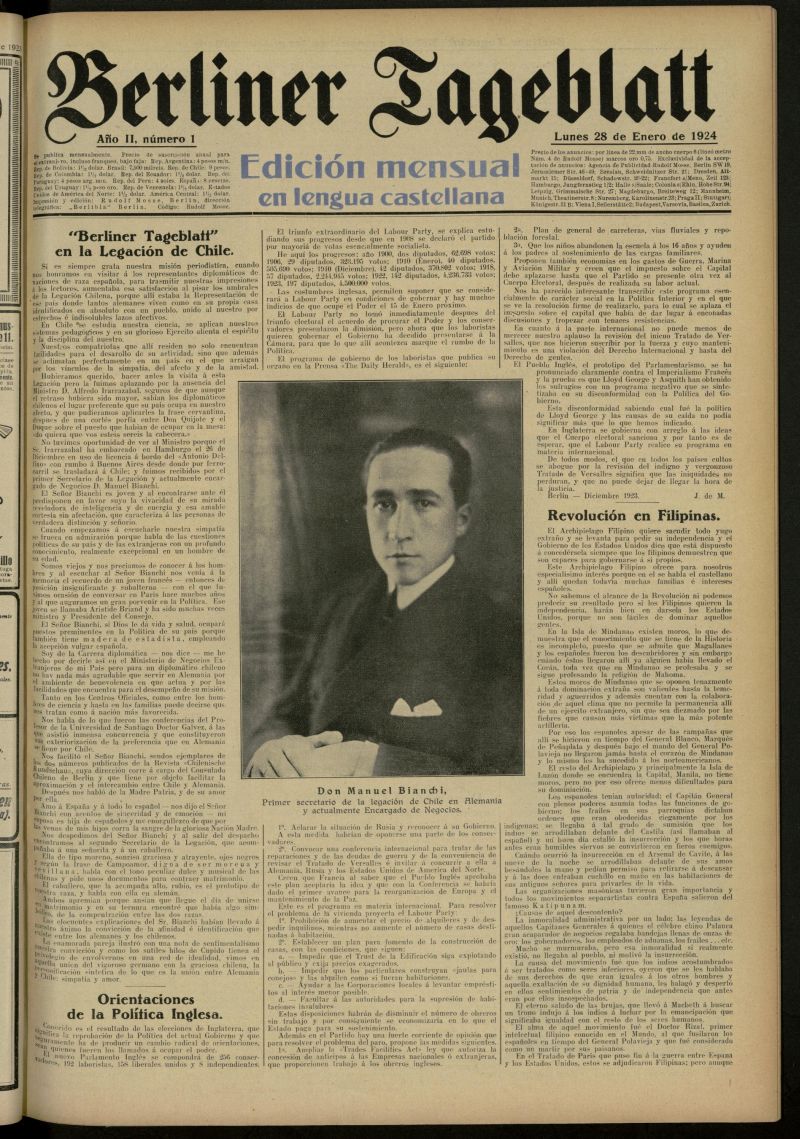 Berliner Tageblatt: edicin mensual en lengua castellana del 28 de enero de 1924, n 1