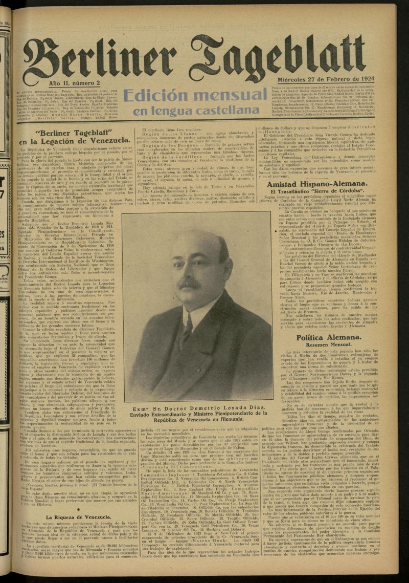 Berliner Tageblatt: edicin mensual en lengua castellana del 27 de febrero de 1924, n 2