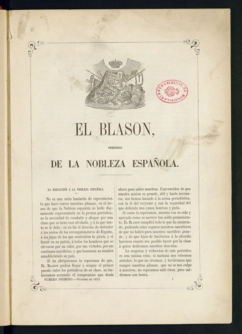 El Blasn: peridico de la nobleza espaola de octubre de 1853, n 1
