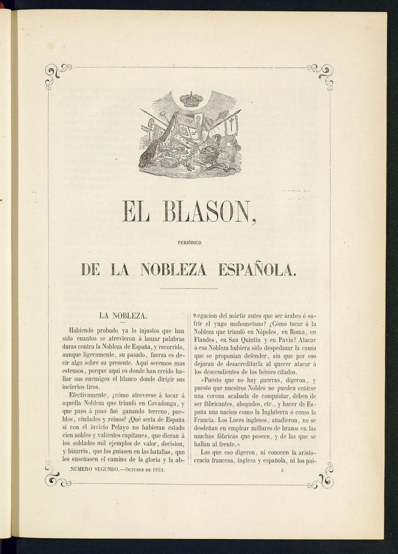 El Blasn: peridico de la nobleza espaola de octubre de 1853, n 2