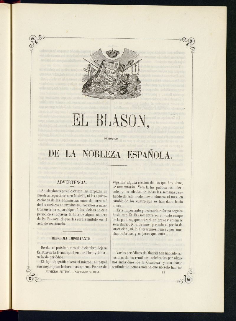 El Blasn: peridico de la nobleza espaola de noviembre de 1853, n 7