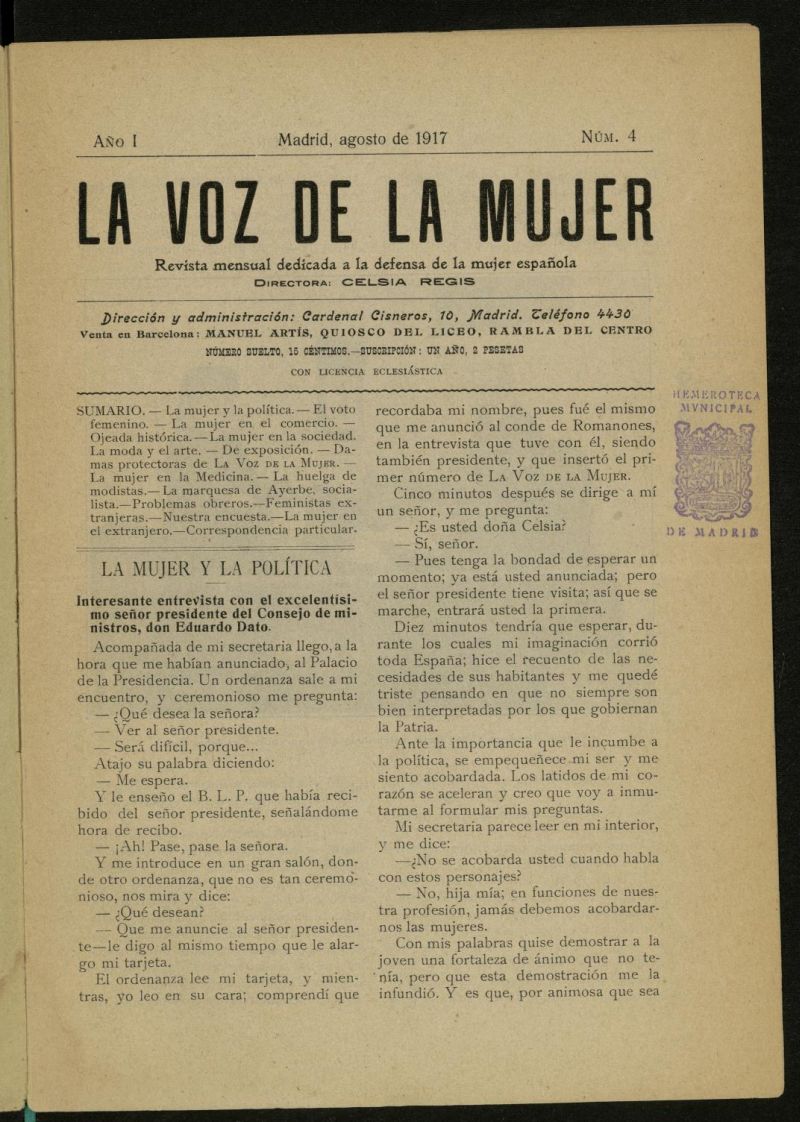 La Voz de la Mujer: revista mensual dedicada a la defensa de la mujer espaola de agosto de 1917, n 4