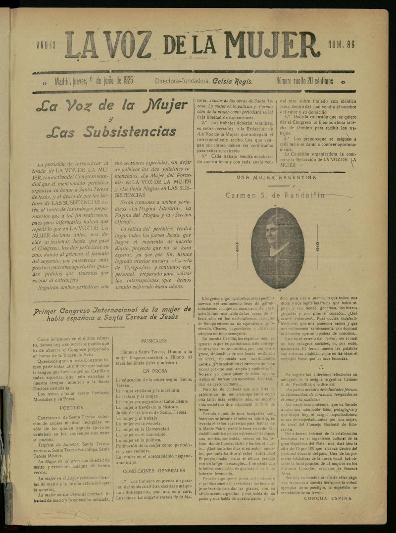 La Voz de la Mujer: revista mensual dedicada a la defensa de la mujer espaola del 9 de junio de 1925, n 86 [sic]