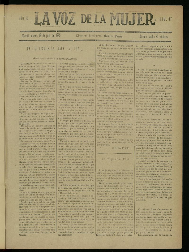 La Voz de la Mujer: revista mensual dedicada a la defensa de la mujer espaola del 19 de julio de 1925, n 87