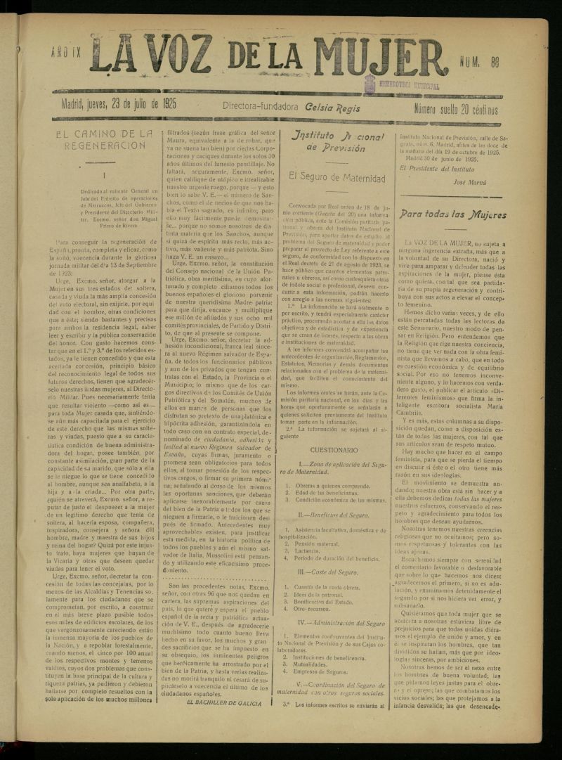 La Voz de la Mujer: revista mensual dedicada a la defensa de la mujer espaola del 23 de julio de 1925, n 88