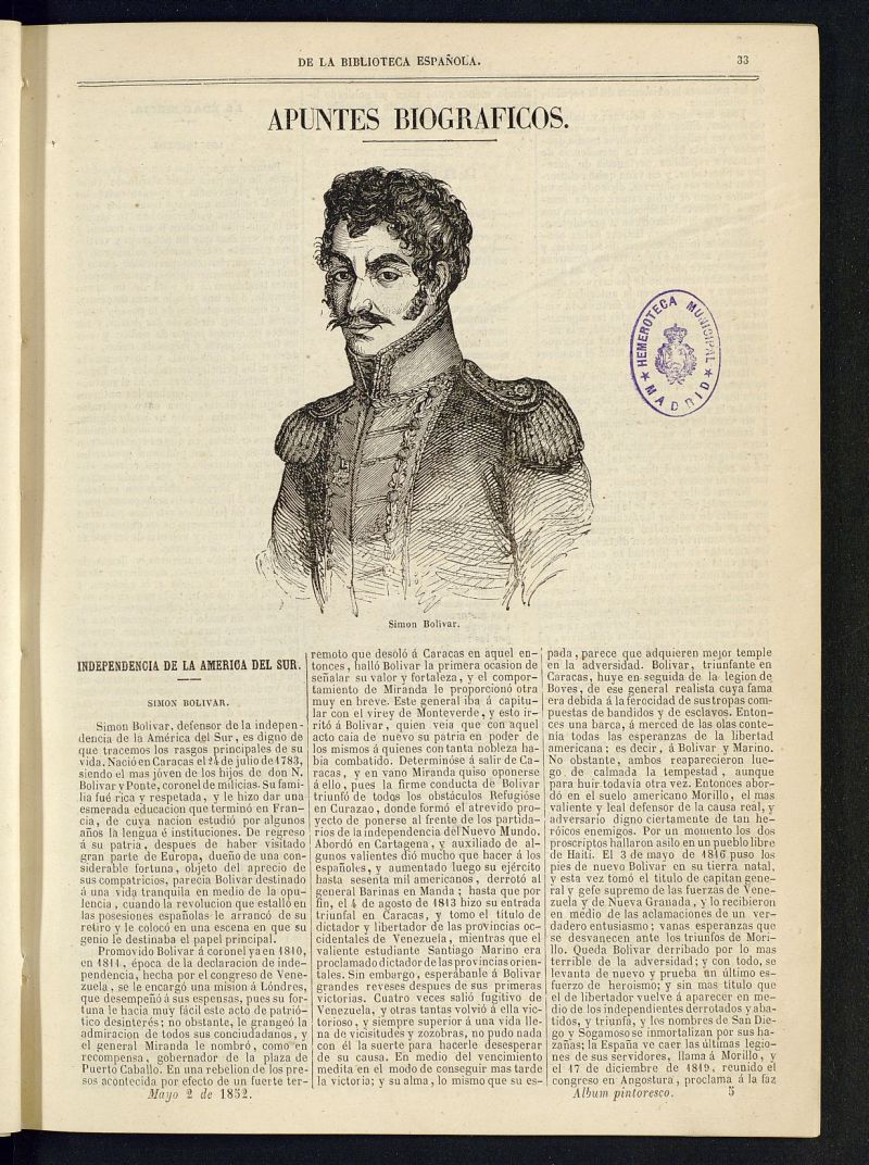Álbum Pintoresco de la Biblioteca Española del 2 de mayo de 1852, nº 5