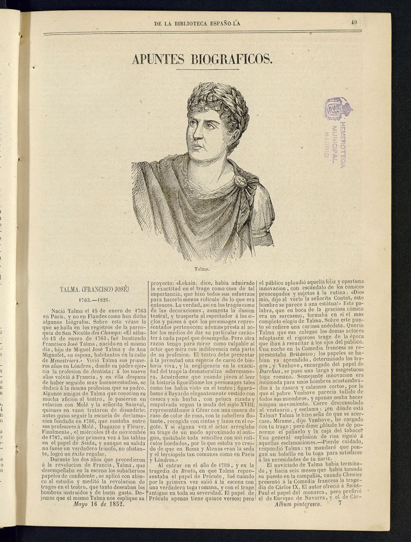 Álbum Pintoresco de la Biblioteca Española del 16 de mayo de 1852, nº 7