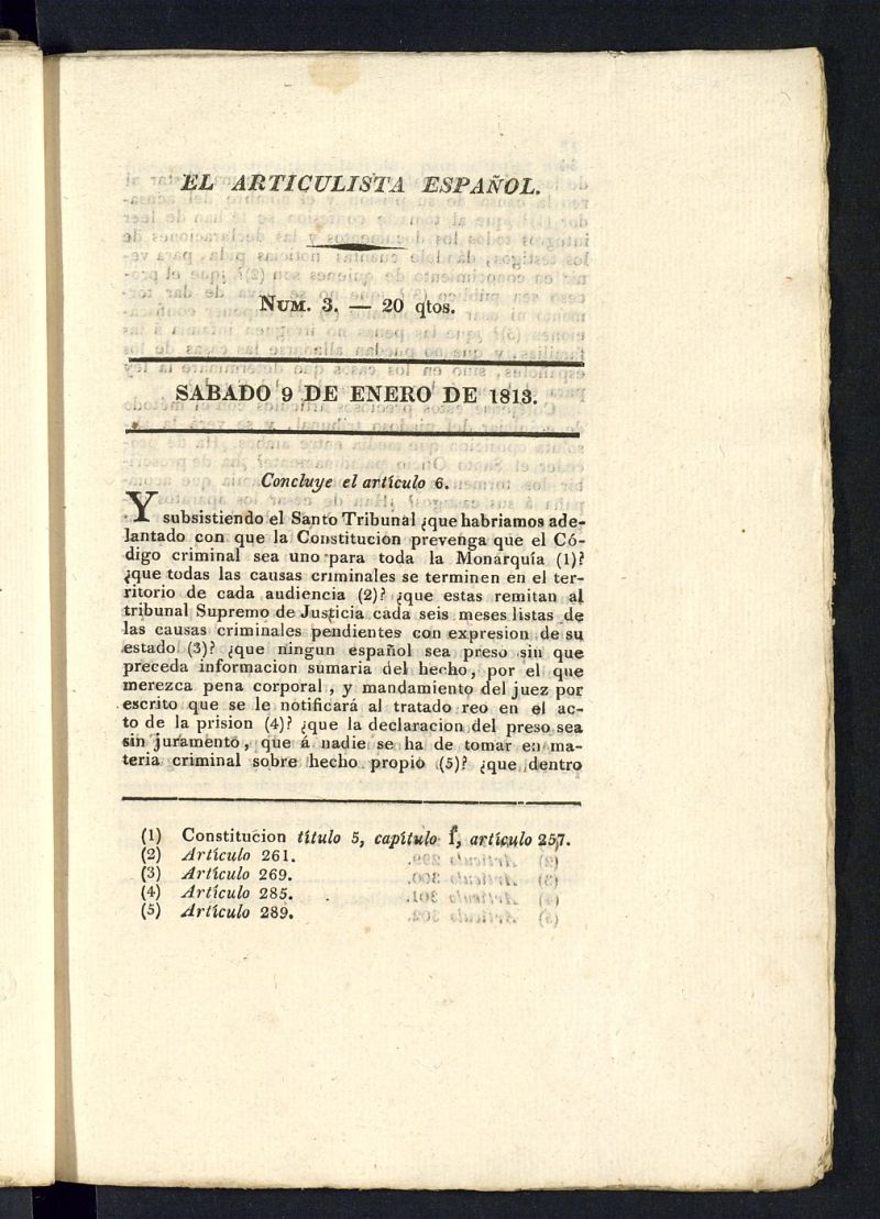 El Articulista Espaol del 9 de enero de 1813, n 3