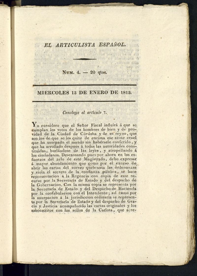 El Articulista Espaol del 13 de enero de 1813, n 4