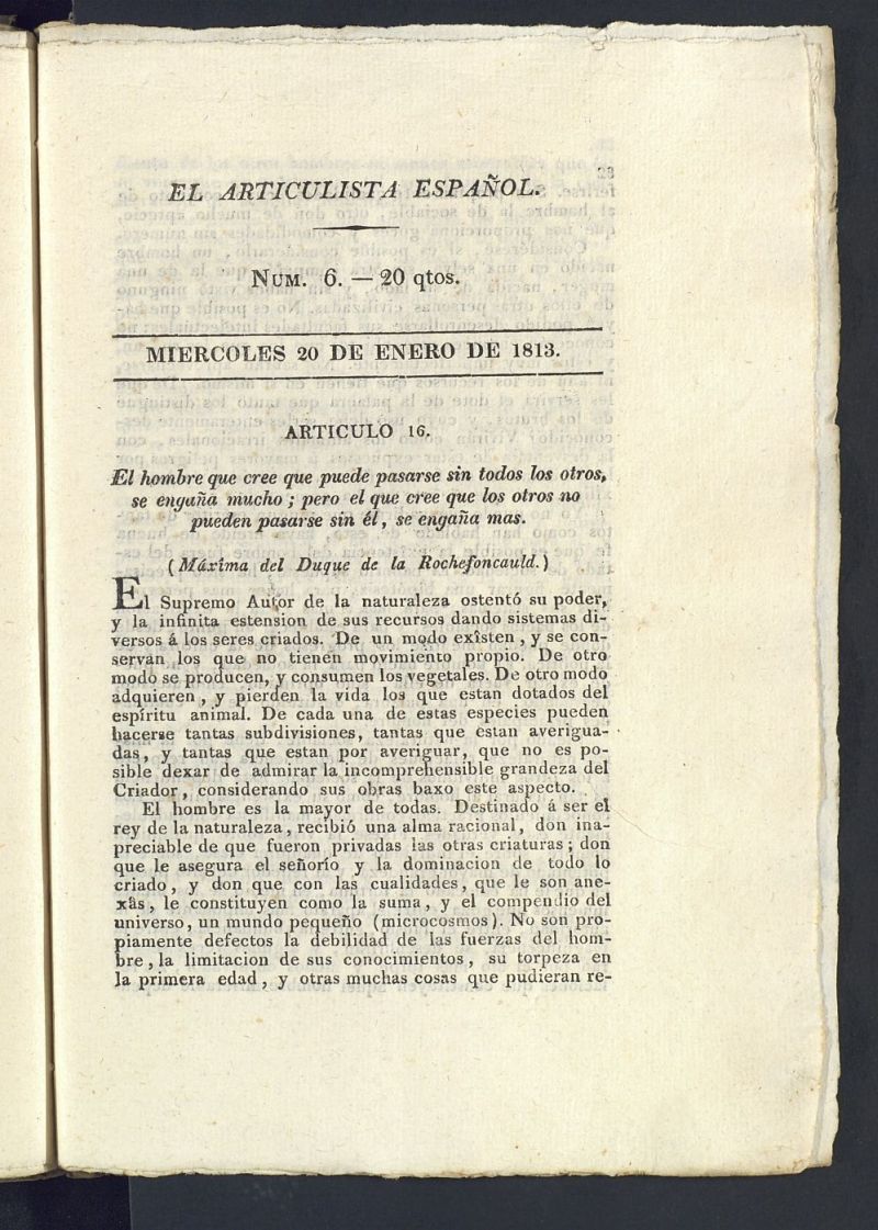 El Articulista Espaol del 20 de enero de 1813, n 6