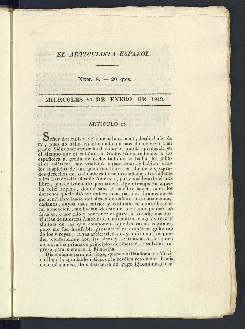 El Articulista Espaol del 27 de enero de 1813, n 8