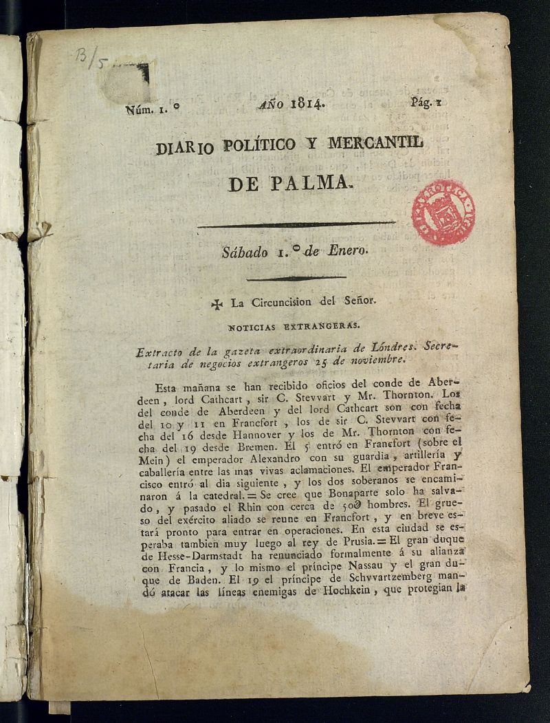Diario Poltico y Mercantil de Palma del 1 de enero de 1814 , n 1