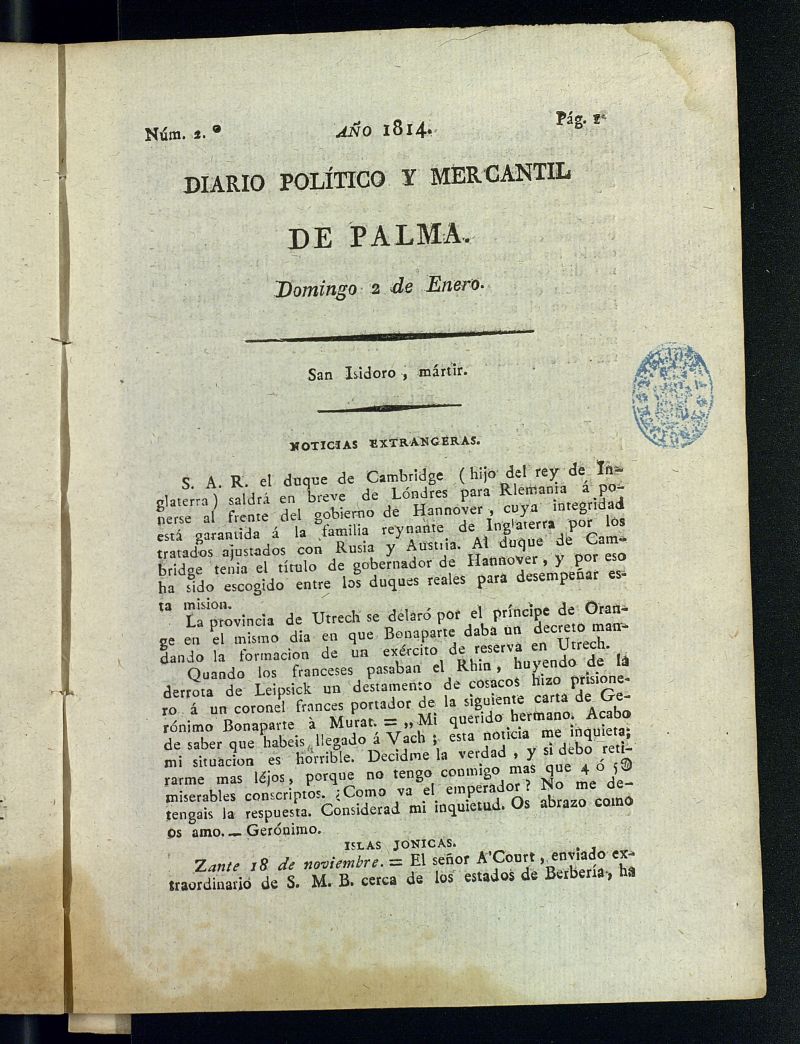 Diario Poltico y Mercantil de Palma del 2 de enero de 1814 , n 2