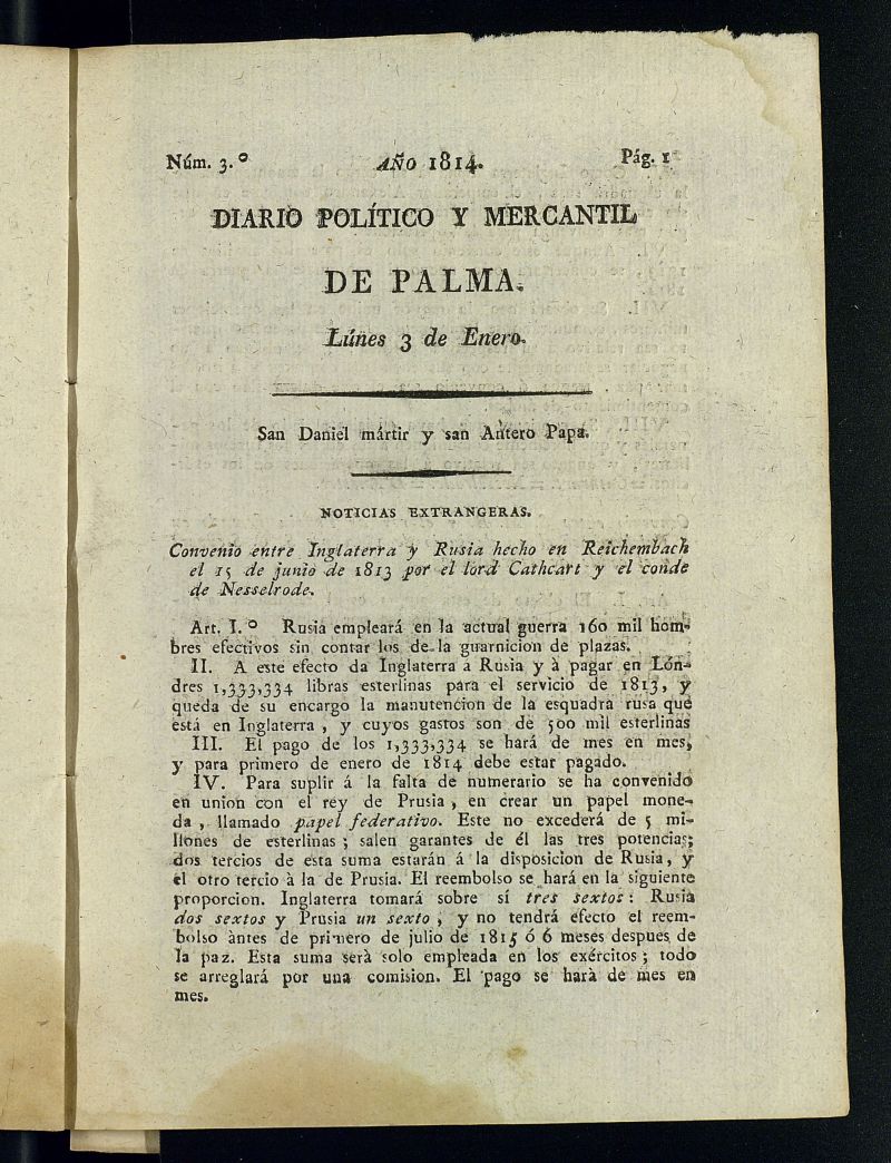 Diario Poltico y Mercantil de Palma del 3 de enero de 1814 , n 3