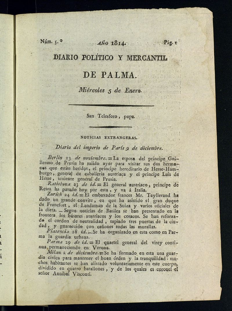 Diario Poltico y Mercantil de Palma del 5 de enero de 1814 , n 5