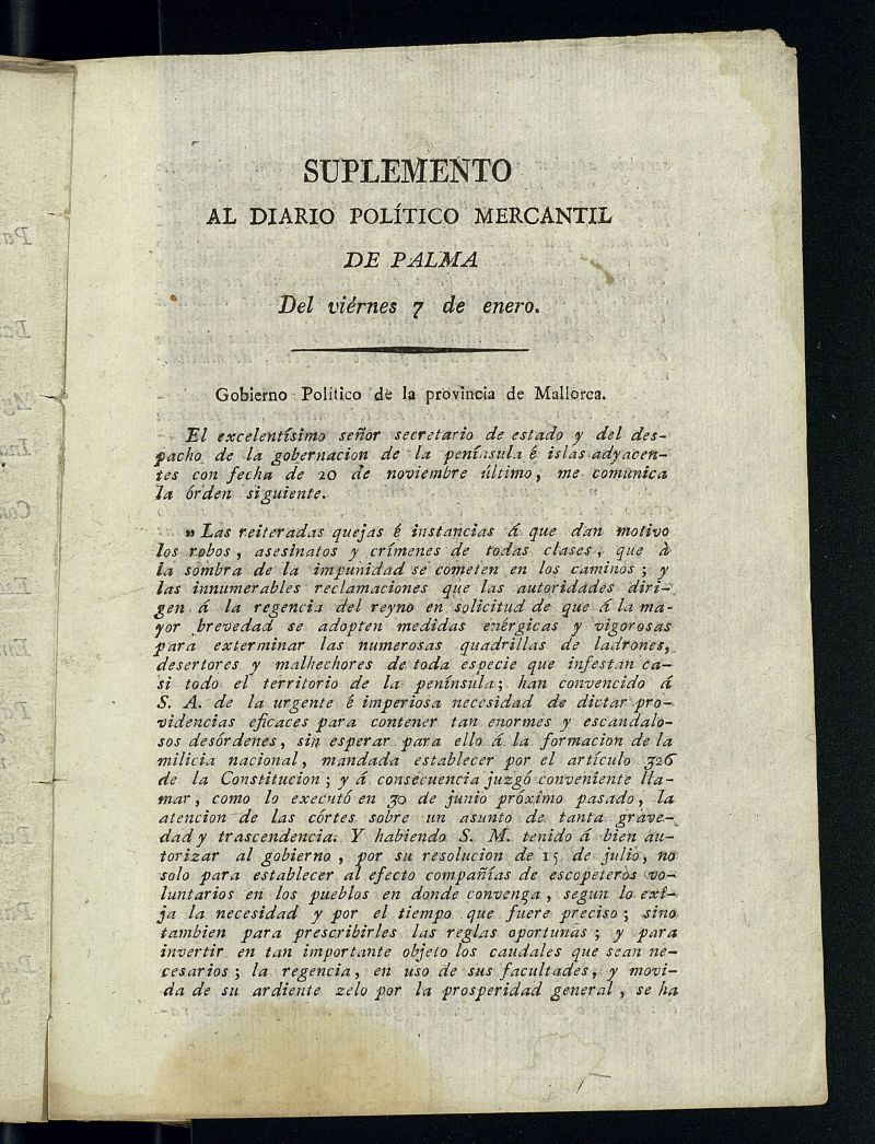 Diario Poltico y Mercantil de Palma de 7 de enero de 1814, suplemento