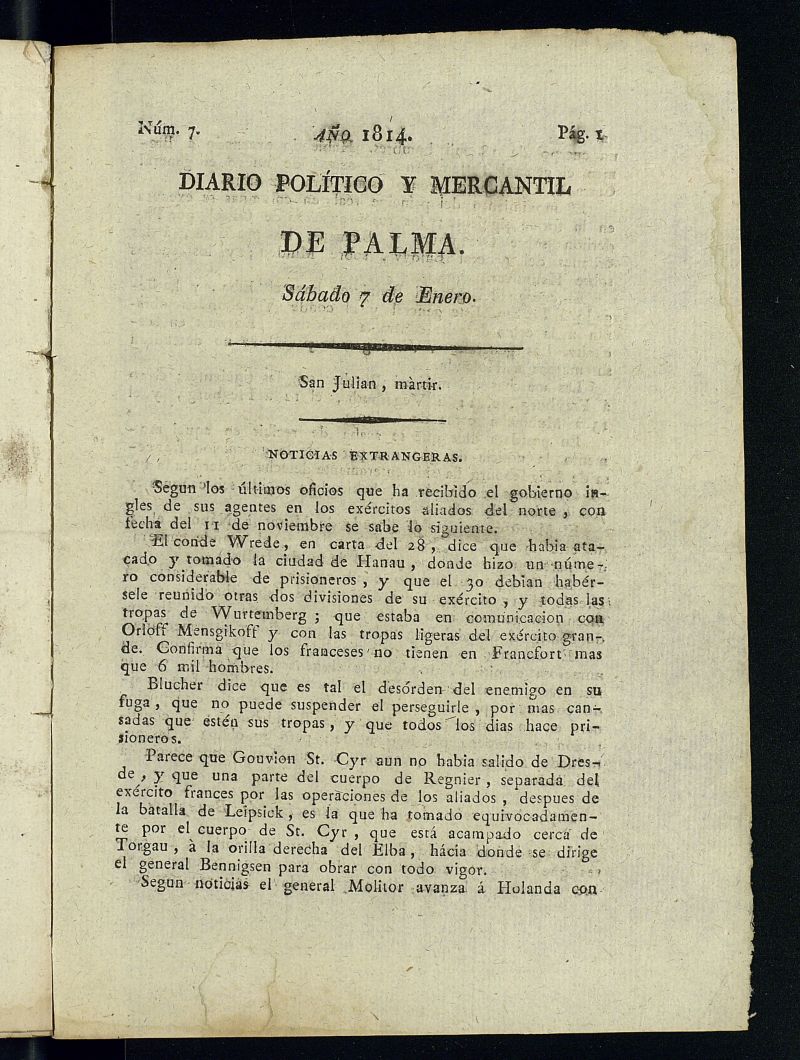 Diario Poltico y Mercantil de Palma del 7 de enero de 1814 , n 7