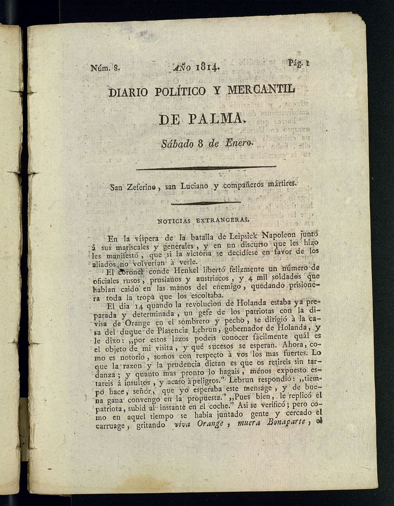 Diario Poltico y Mercantil de Palma del 8 de enero de 1814 , n 8