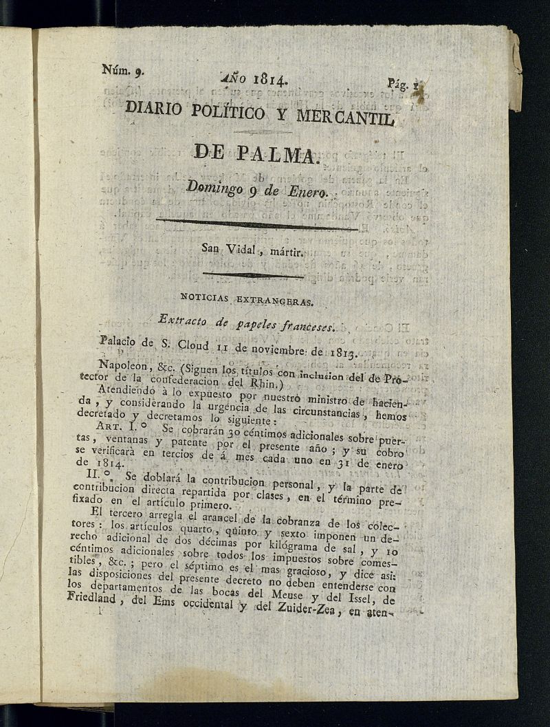 Diario Poltico y Mercantil de Palma del 9 de enero de 1814, n 9