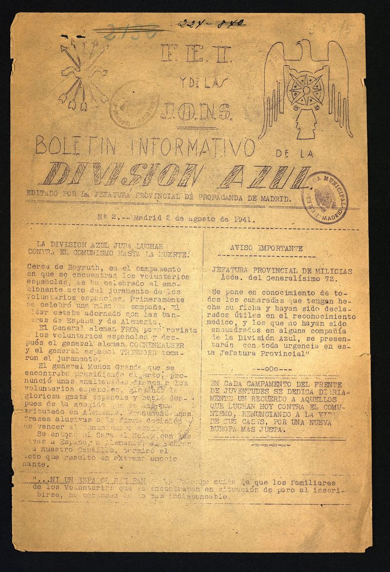 Boletin Informativo de la Division Azul del 2 de agosto de 1941, n 2