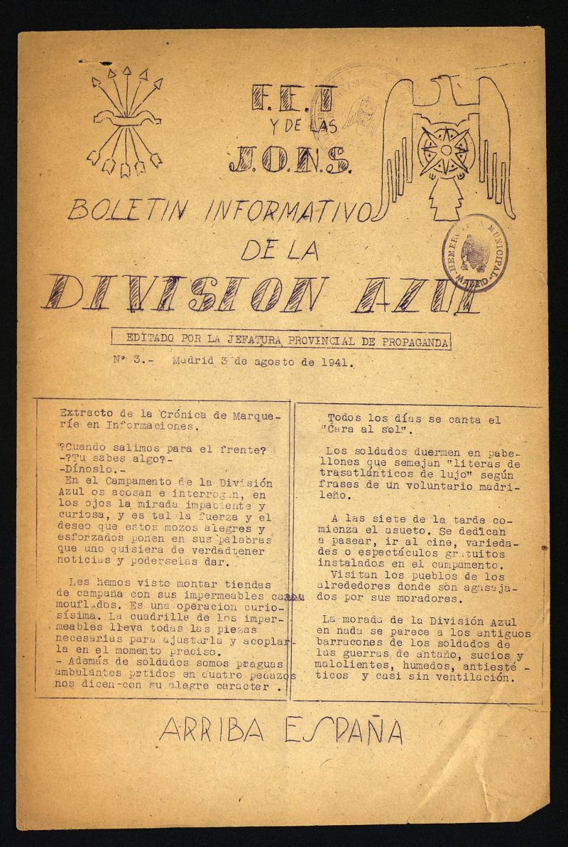 Boletin Informativo de la Division Azul del 3 de agosto de 1941, n 3