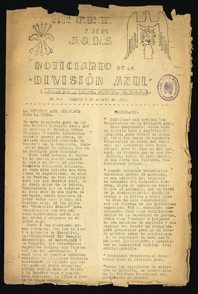 Boletin Informativo de la Division Azul del 4 de agosto de 1941, n 4