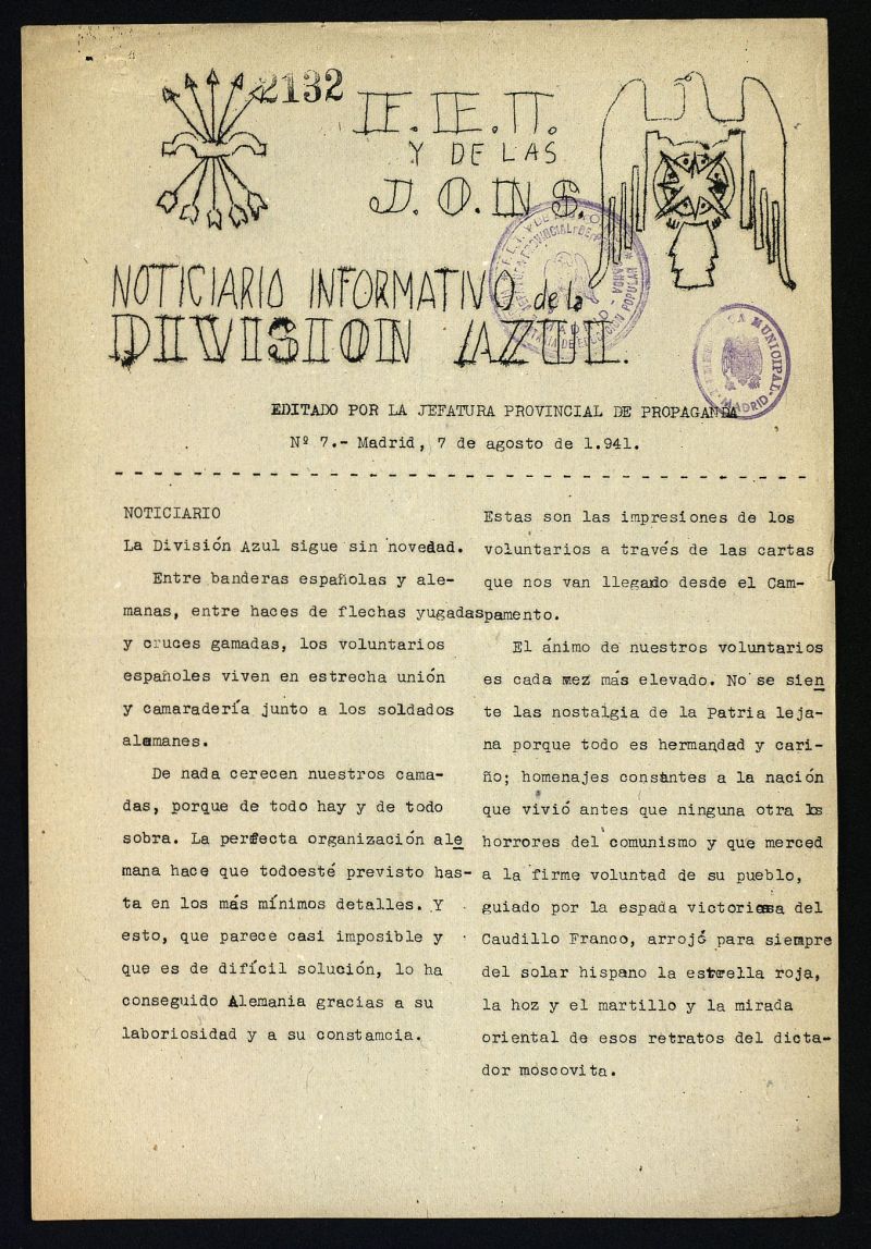 Boletin Informativo de la Division Azul del 7 de agosto de 1941, n 7