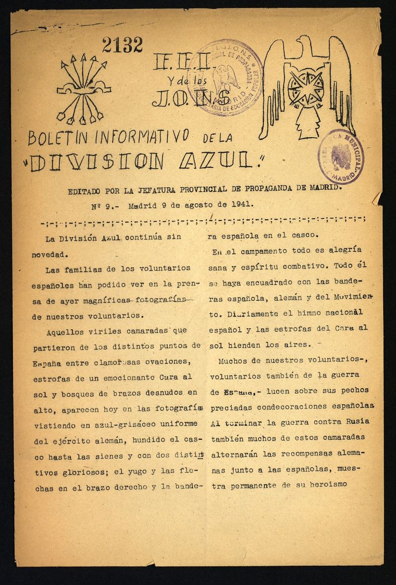 Boletin Informativo de la Division Azul del 9 de agosto de 1941, n 9