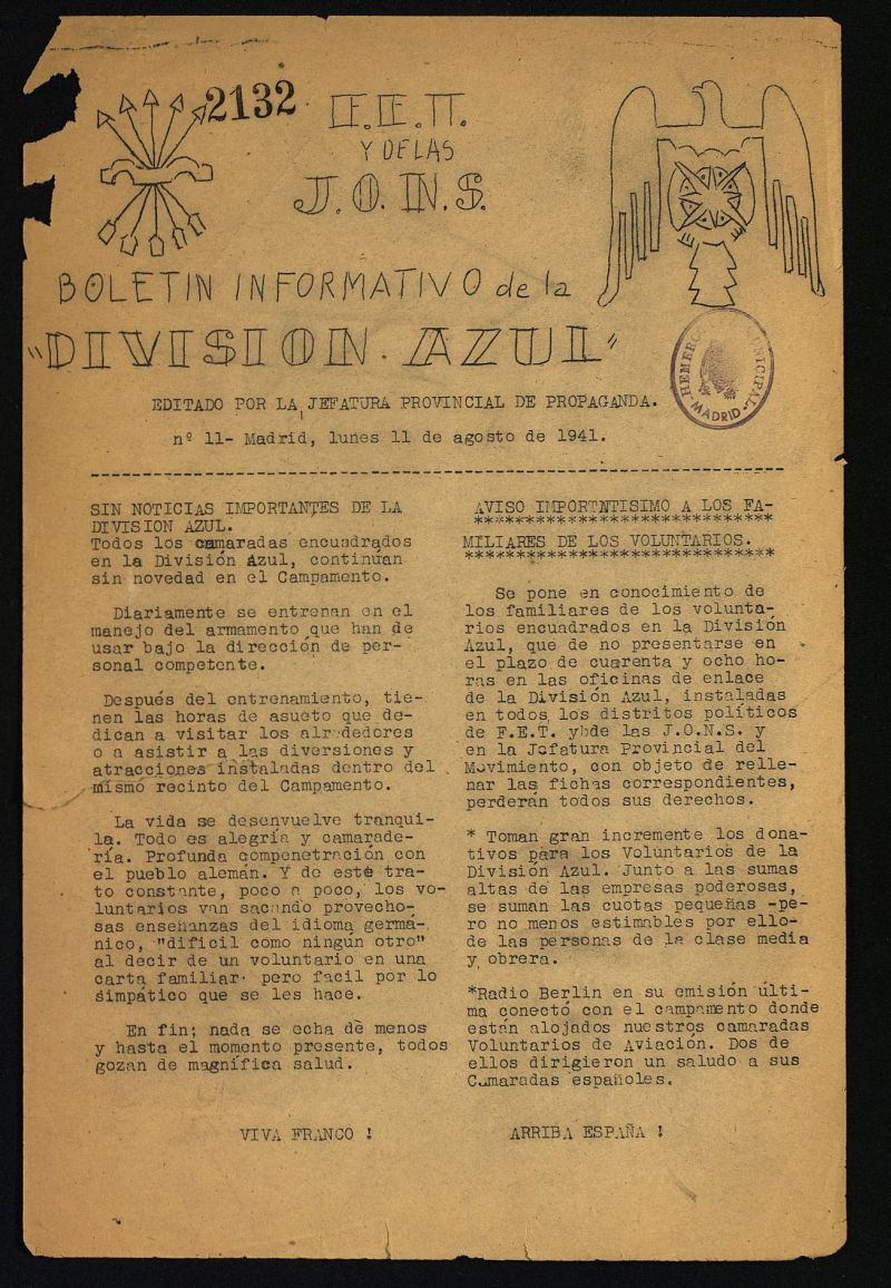 Boletin Informativo de la Division Azul del 11 de agosto de 1941, n11