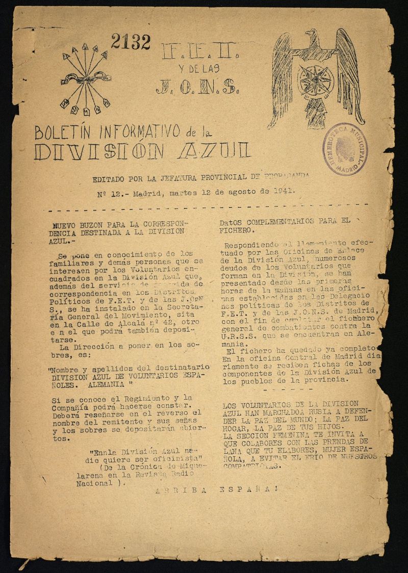 Boletin Informativo de la Division Azul del 12 de agosto de 1941, n 12