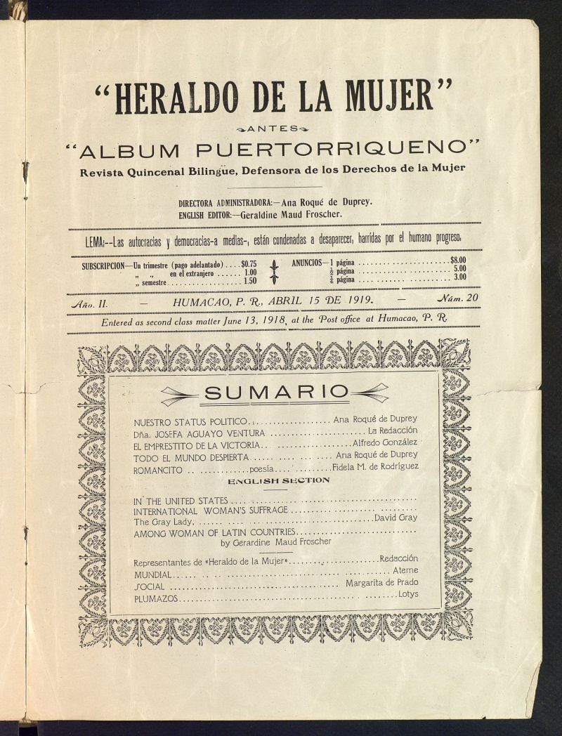 Heraldo de la Mujer: revista quincenal bilinge defensora de los derechos de la mujer del 15 de abril de 1919, n 20
