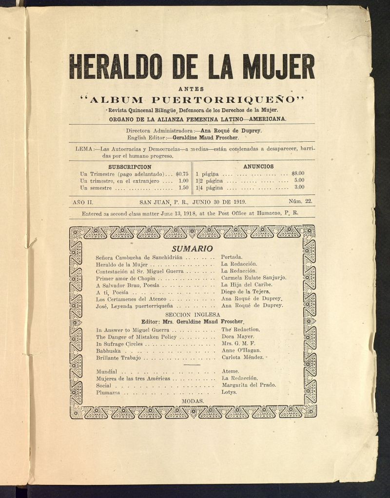 Heraldo de la Mujer: revista quincenal bilinge defensora de los derechos de la mujer del 30 de junio de 1919, n 22