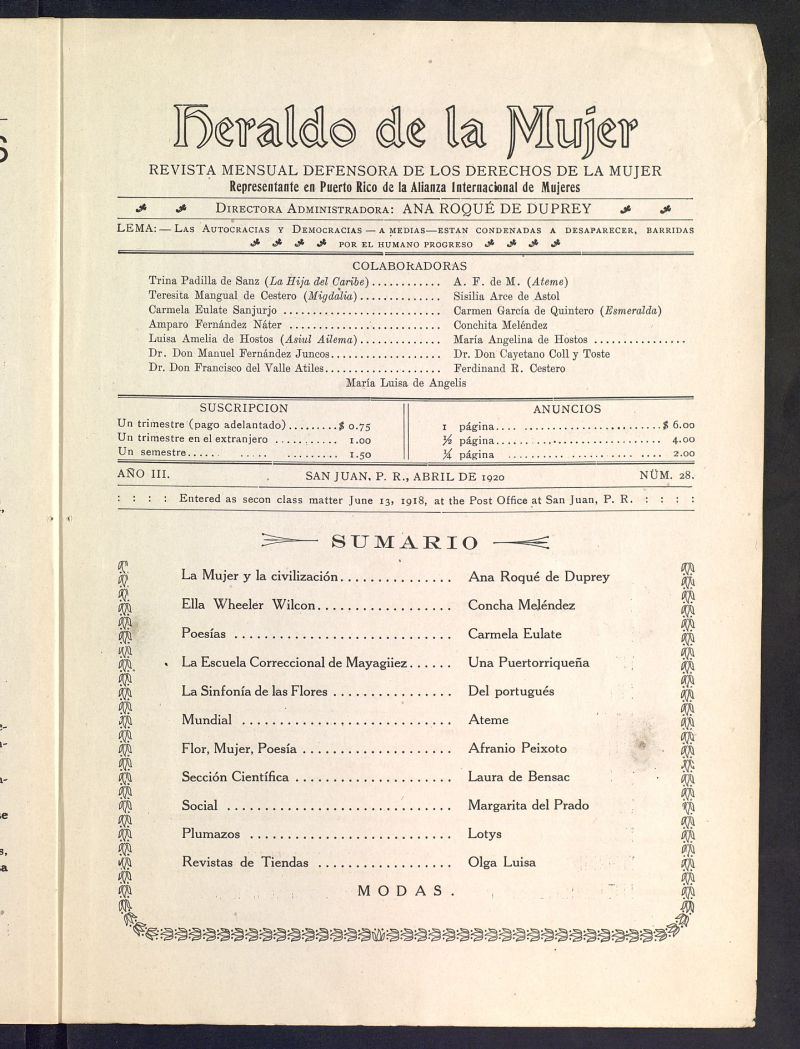 Heraldo de la Mujer: revista quincenal bilinge defensora de los derechos de la mujer de abril de 1920, n 28