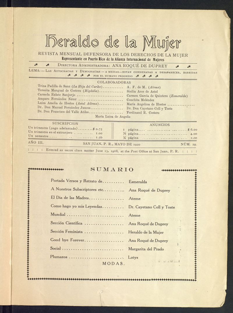 Heraldo de la Mujer: revista quincenal bilinge defensora de los derechos de la mujer de mayo de 1920, n 29