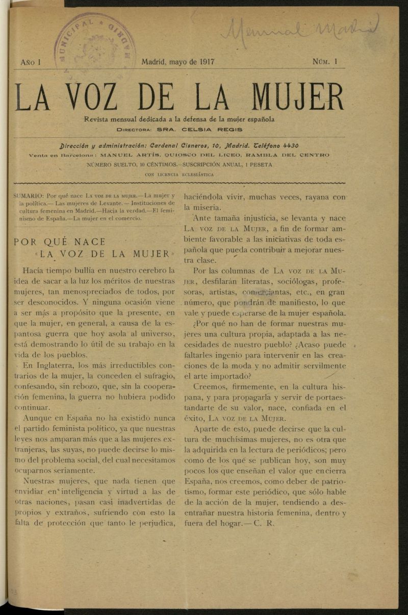La Voz de la Mujer: revista mensual dedicada a la defensa de la mujer espaola de mayo de 1917, n 1