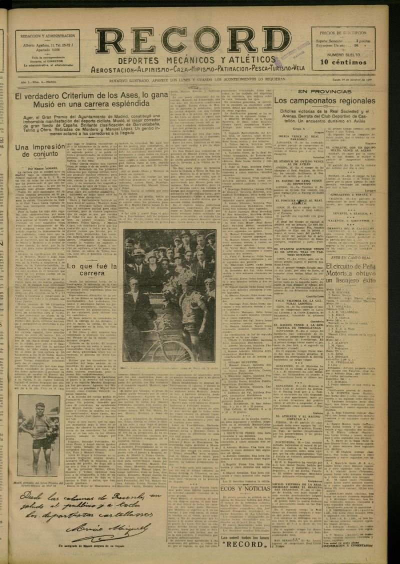 Record: deportes mecnicos y atlticos: aerostacin, alpinismo, caza, hipismo, patinacin, pesca, turismo, vela. del 19 de octubre de 1925, n 6