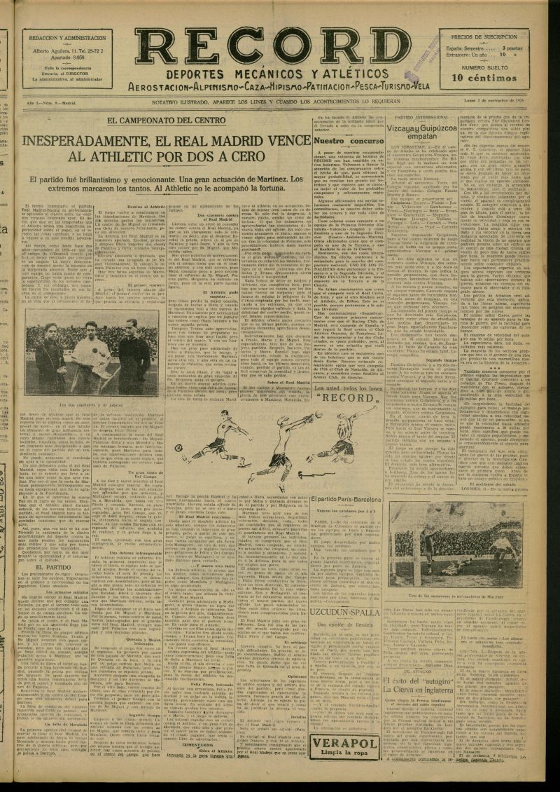 Record: deportes mecnicos y atlticos: aerostacin, alpinismo, caza, hipismo, patinacin, pesca, turismo, vela del 2 de noviembre de 1925, n 8
