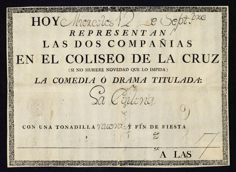 Cartel de la representación dramática en el Teatro de la Cruz de la comedia La Egilona, de Blas de Laserna, el miércoles 12 de septiembre de 1792 a las 7 horas