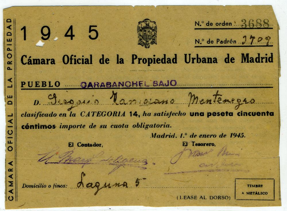 Recibo de la Cmara Oficial de la Propiedad Urbana de Madrid