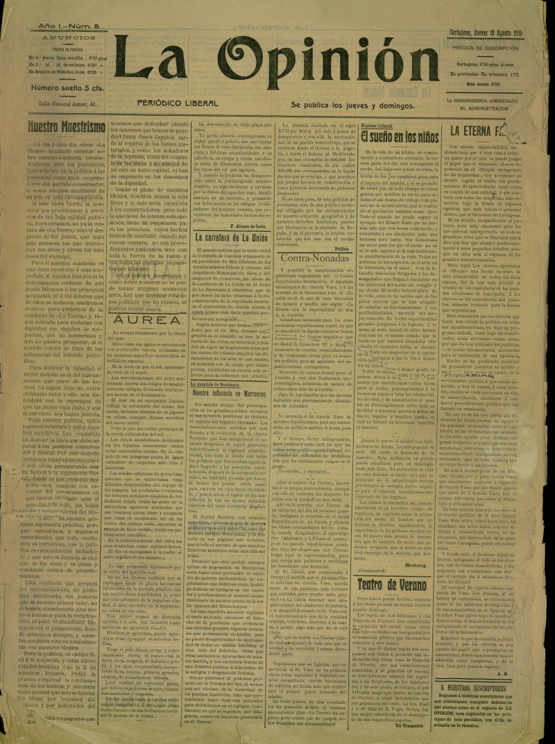 La Opinin: peridico liberal del 18 de agosto de 1910, n 5