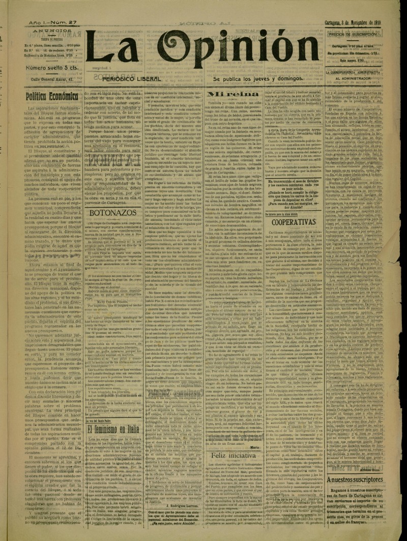 La Opinin: peridico liberal del 3 de noviembre de 1910, n 27