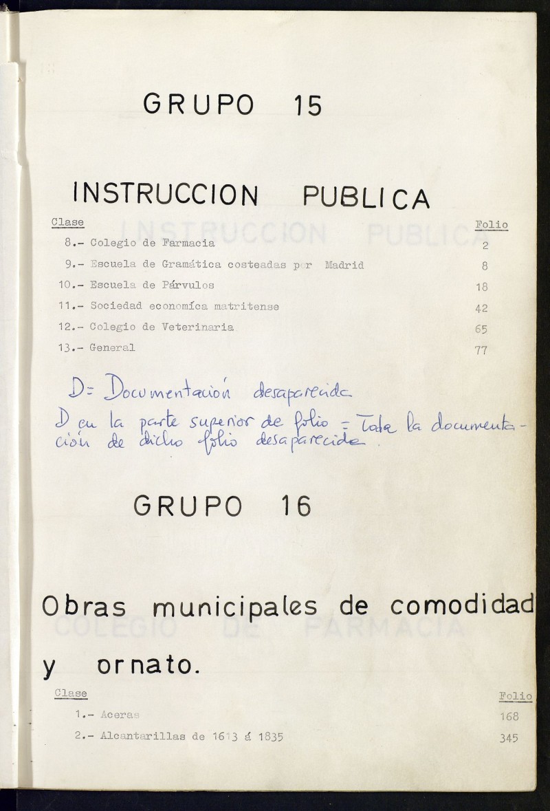 Inventario de Secretara (Tomo 42): Instruccin pblica y Obras municipales de comodidad y ornato (1346-1894)