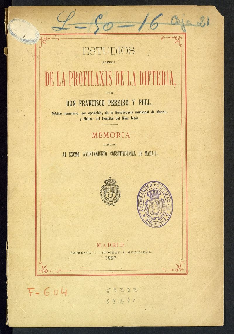 Estudios acerca de la profilaxis de la difteria 1887